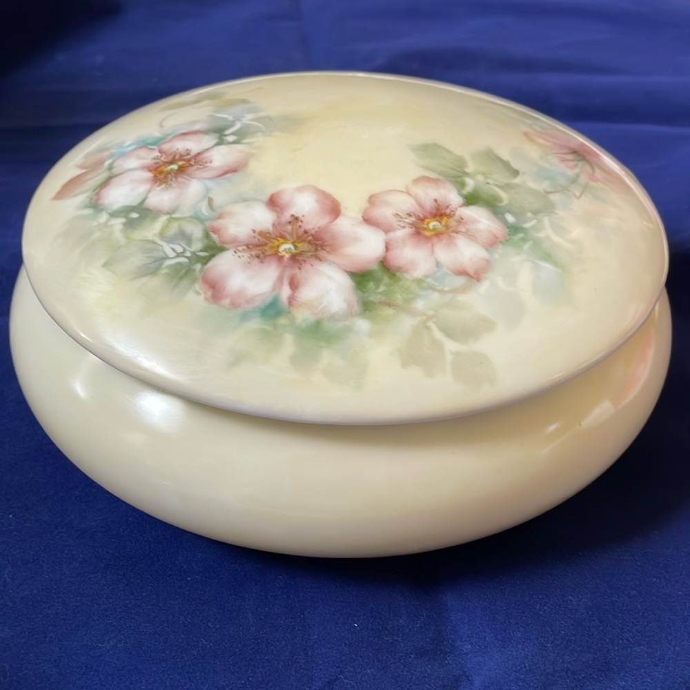 Large vintage hand painted porcelain powder jar trinket box 8.25” Apple blossom
